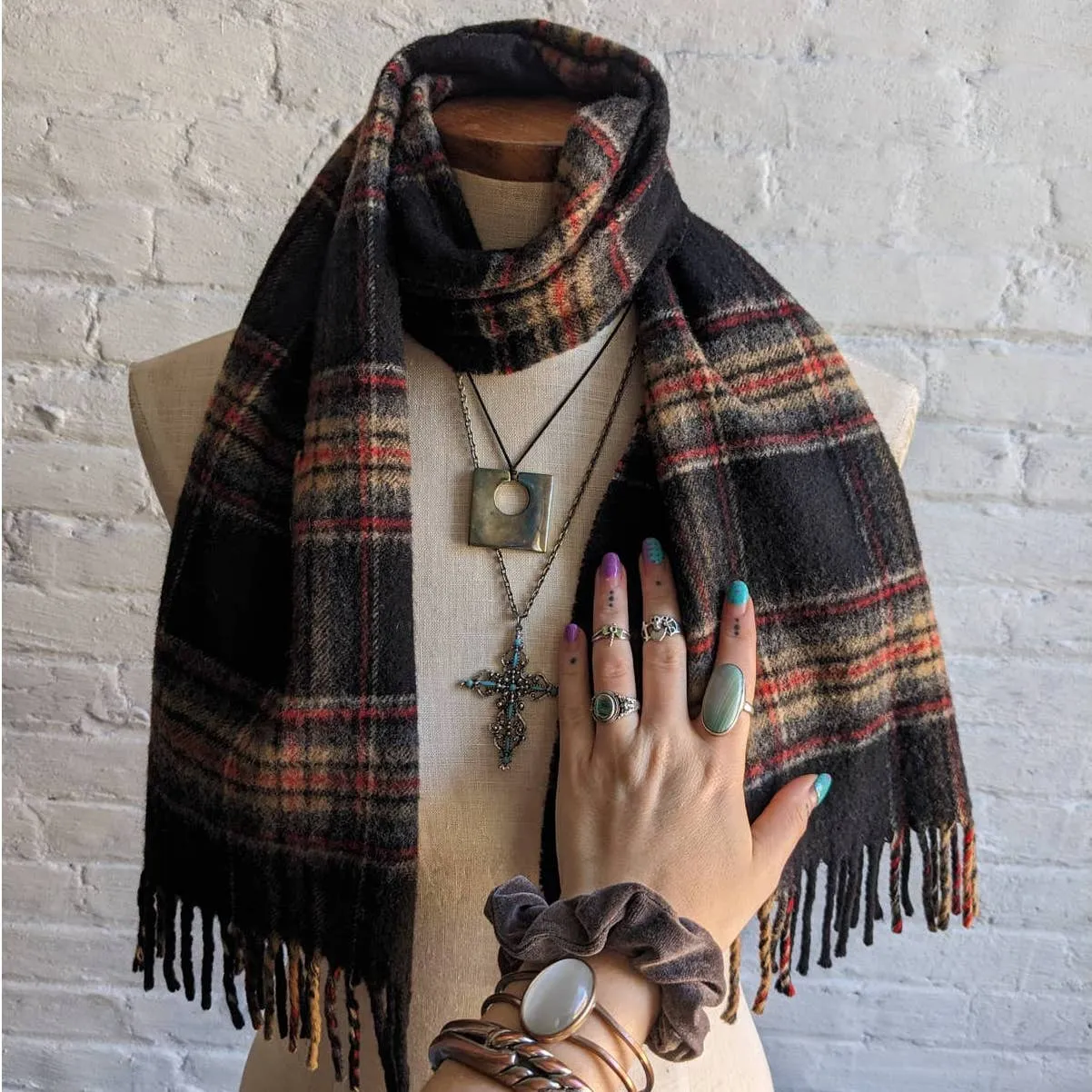 Vintage Plaid Wool Minimalist Fringe Scarf Grunge Dark Academia Tartan Fuzz Knit