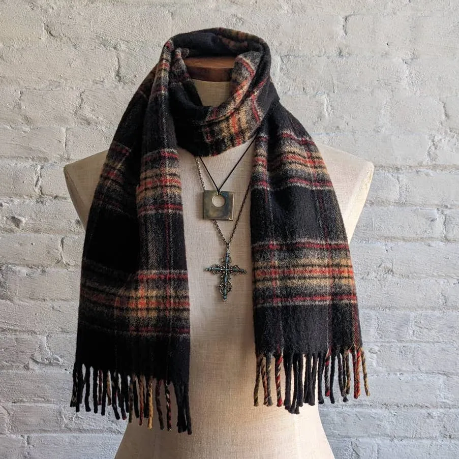 Vintage Plaid Wool Minimalist Fringe Scarf Grunge Dark Academia Tartan Fuzz Knit