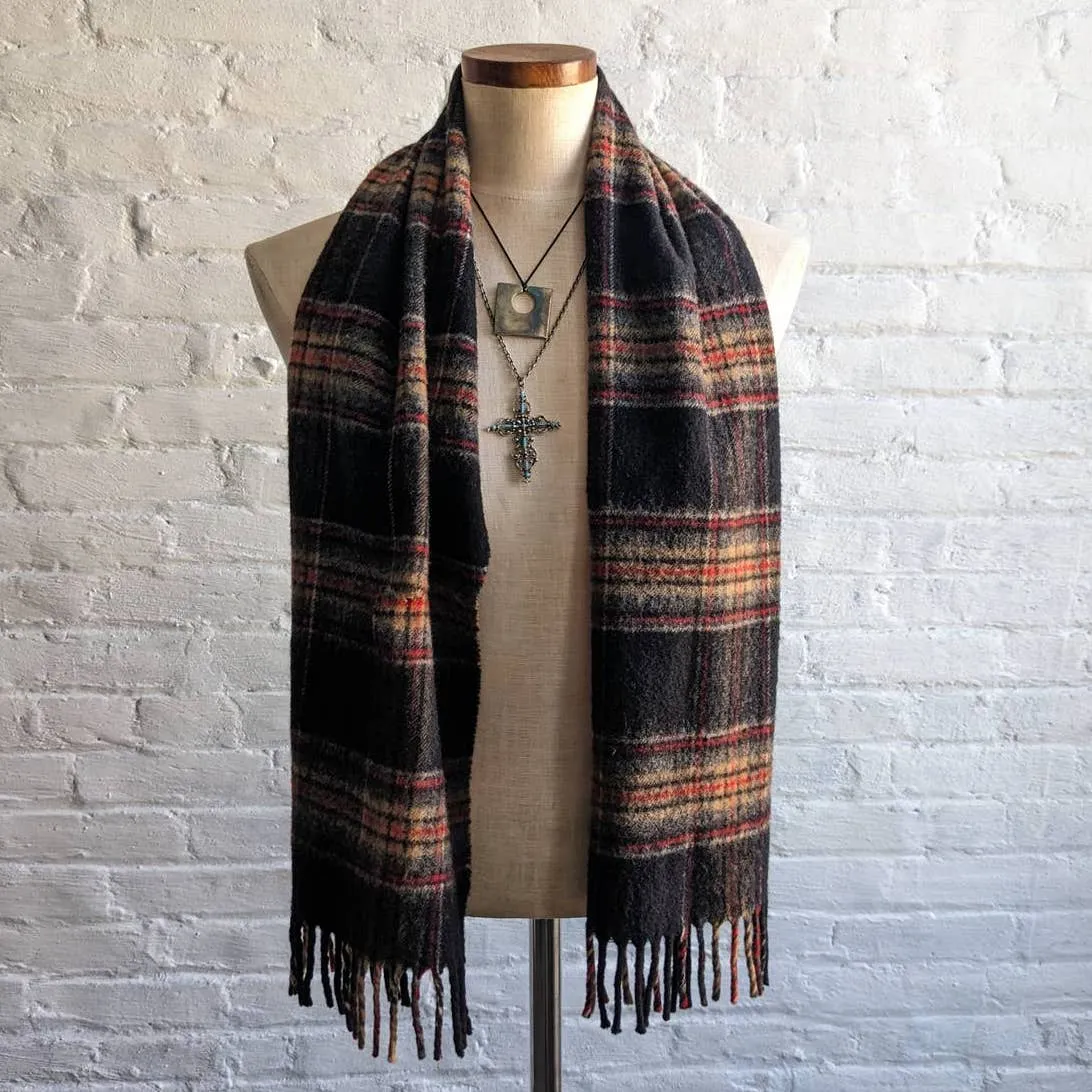 Vintage Plaid Wool Minimalist Fringe Scarf Grunge Dark Academia Tartan Fuzz Knit