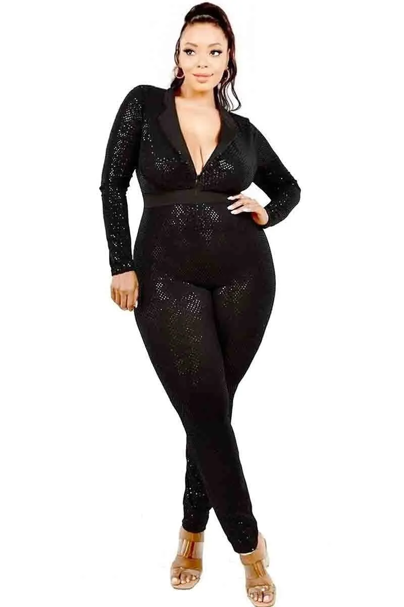 Voluptuous ( ) Plus Long Sleeve Sequin Deep V Neck Jumpsuit