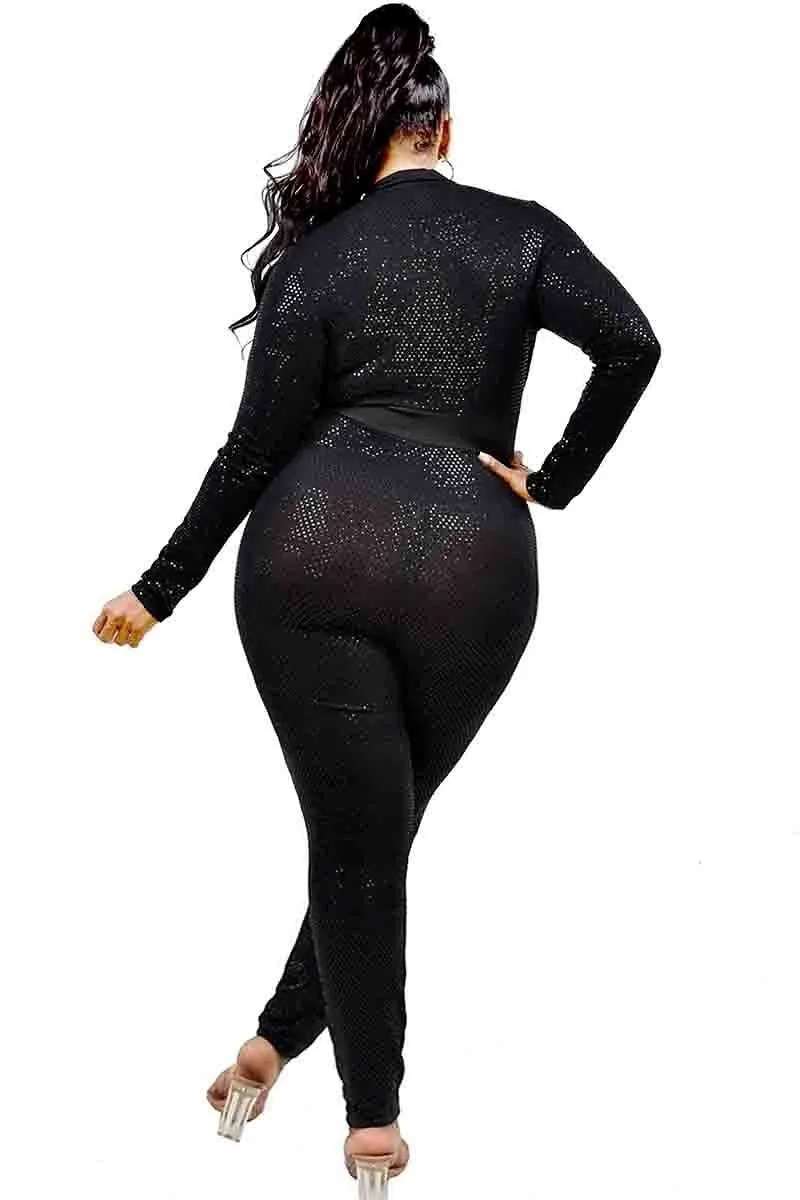 Voluptuous ( ) Plus Long Sleeve Sequin Deep V Neck Jumpsuit