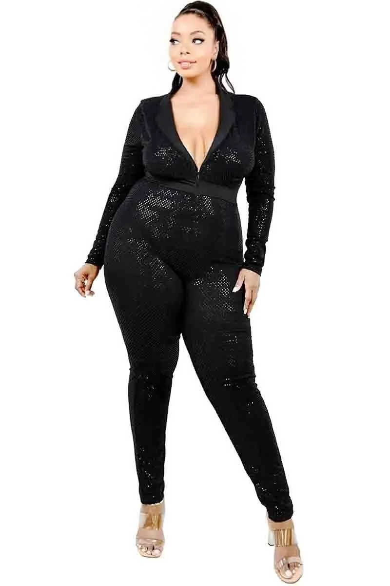 Voluptuous ( ) Plus Long Sleeve Sequin Deep V Neck Jumpsuit