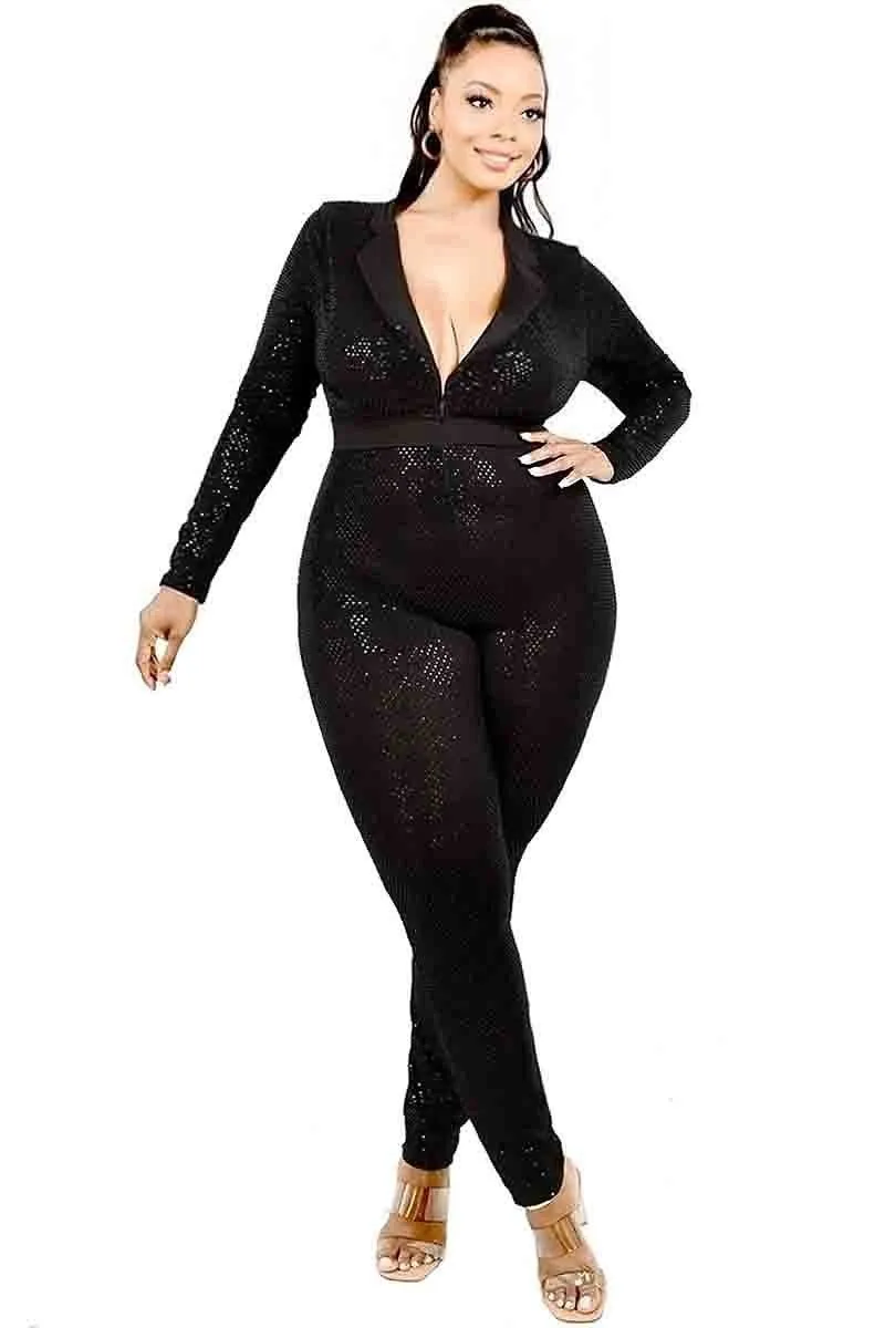 Voluptuous ( ) Plus Long Sleeve Sequin Deep V Neck Jumpsuit