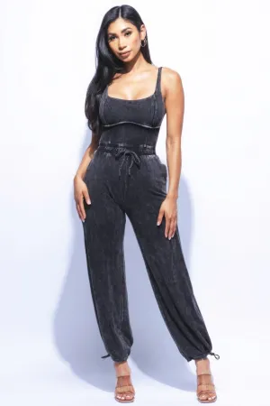 Washed Denim Jumpsuit With Adjustable Ankle