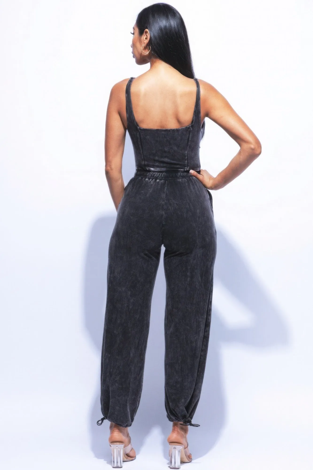 Washed Denim Jumpsuit With Adjustable Ankle