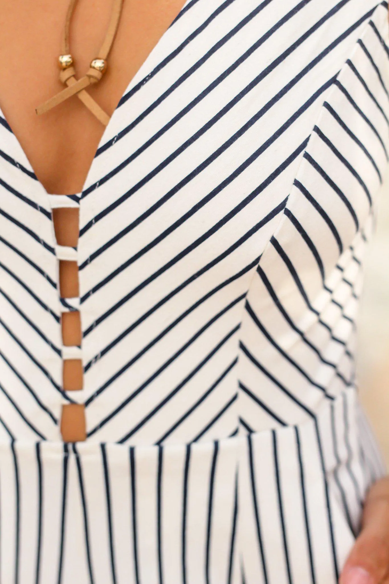 White and Navy V-Neck Striped Jumpsuit