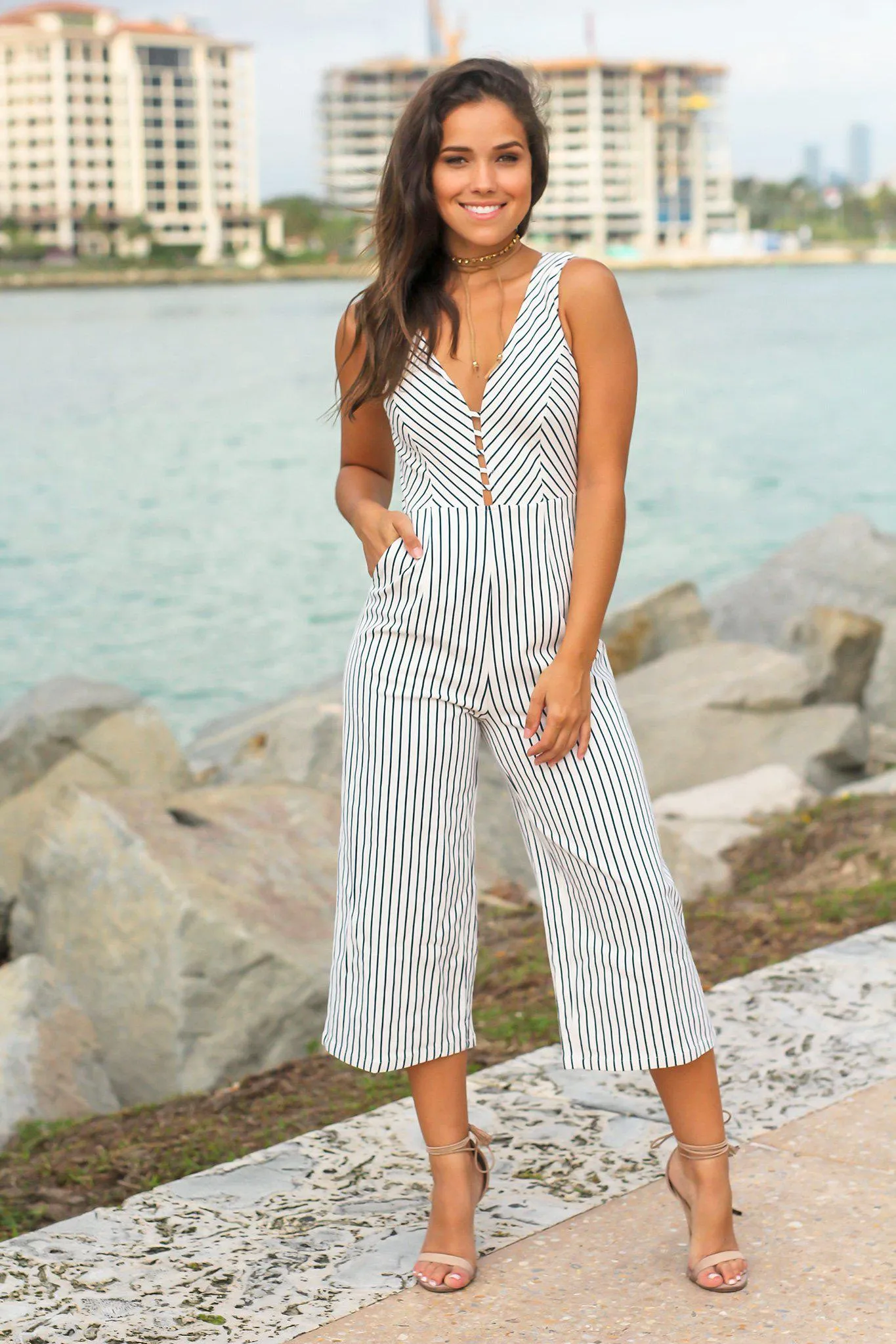 White and Navy V-Neck Striped Jumpsuit