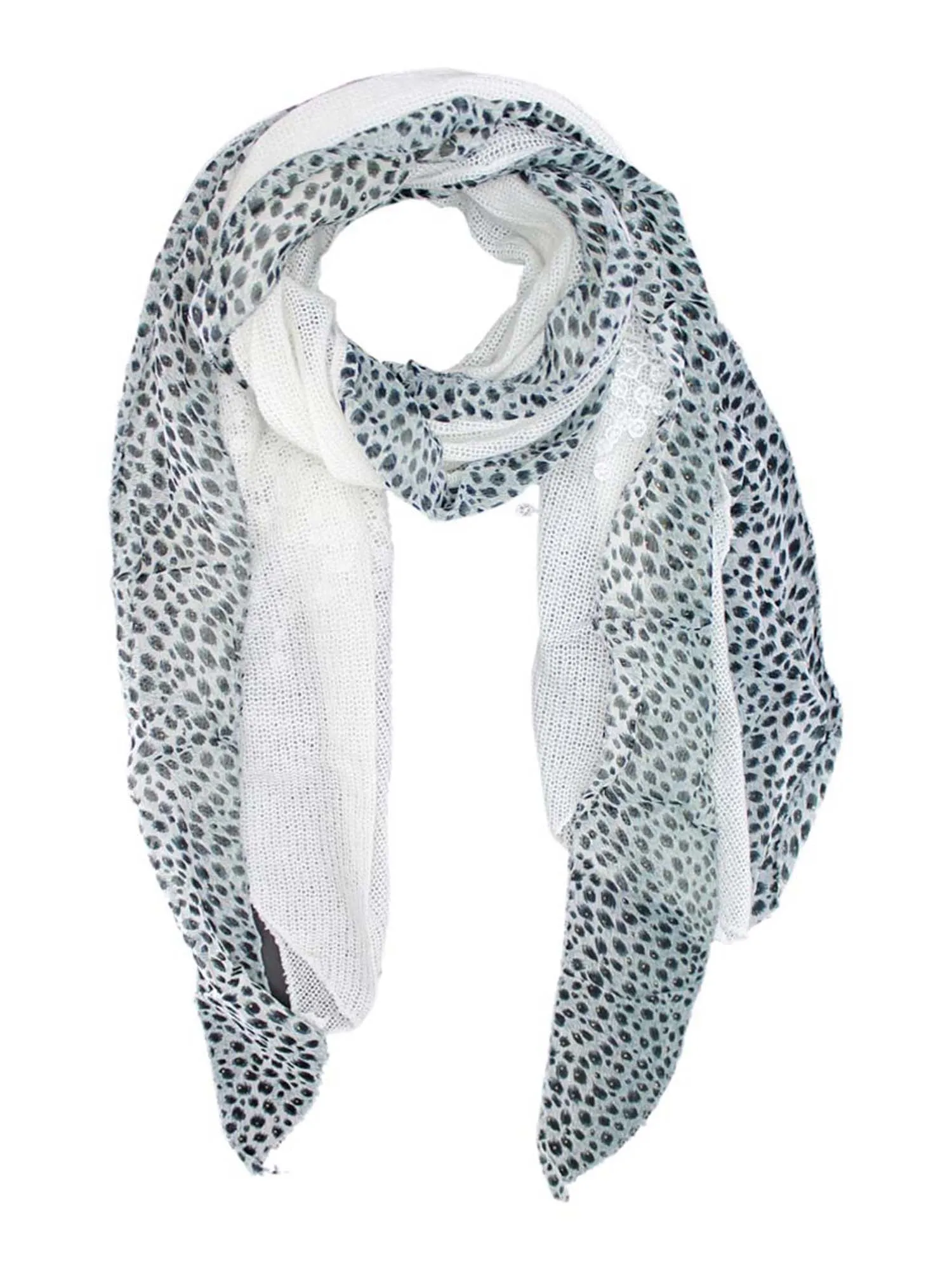 White Animal Print & Knit Panel Scarf With Lace Trim