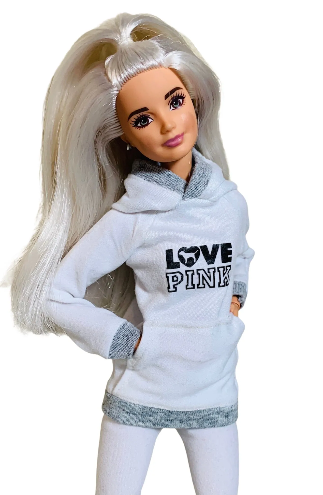 White tracksuit for Barbie doll white and gray hoodie and matching leggings