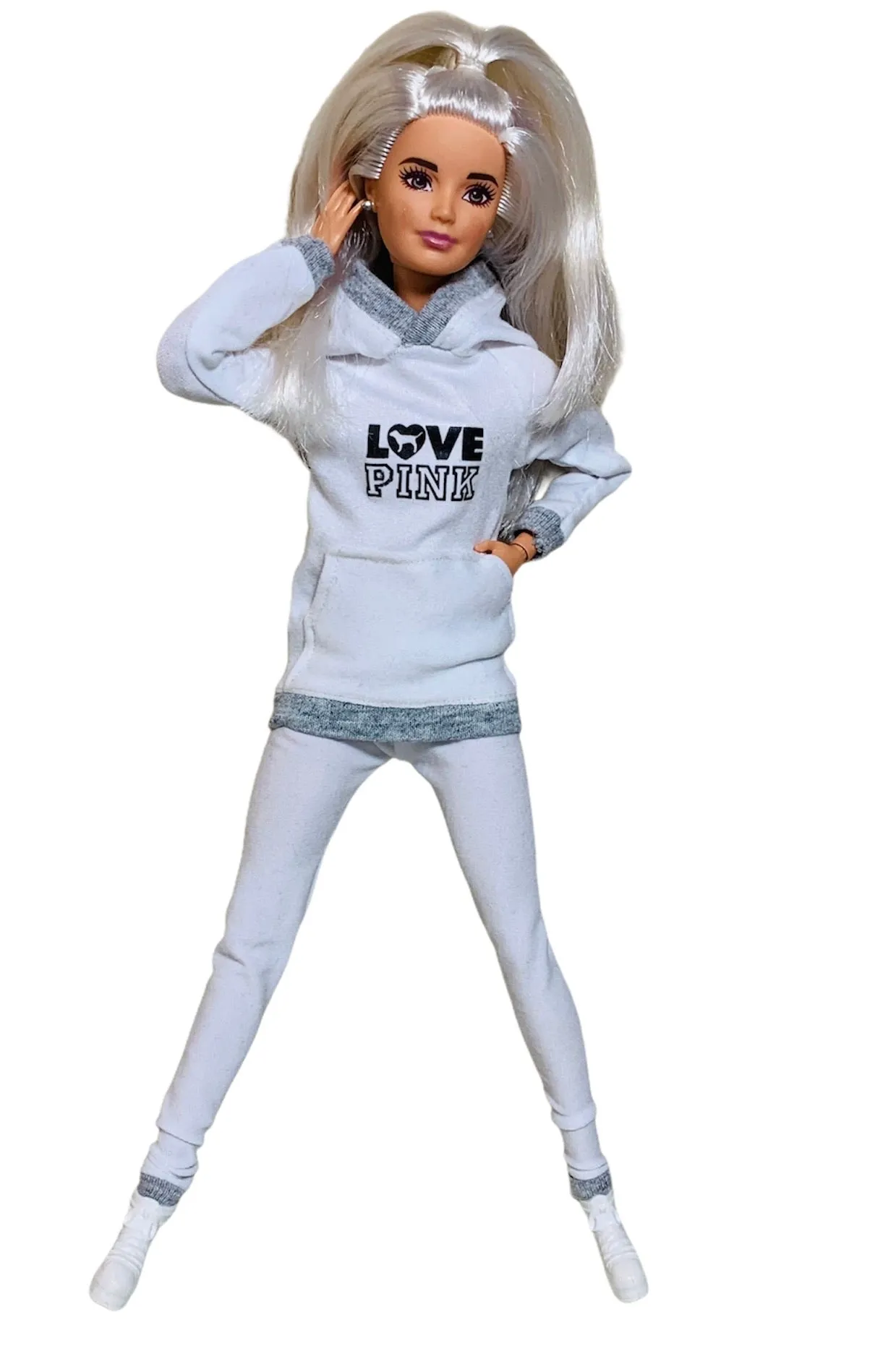 White tracksuit for Barbie doll white and gray hoodie and matching leggings