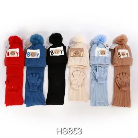 Wholesale Kids Boys Girls 3 Pieces Set Bear Lovely Baby Winter Knit Hats Beanie Scarf Gloves With Pom HS853