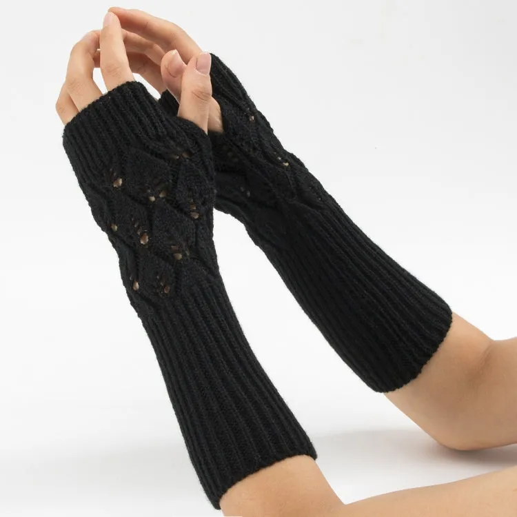 Winter Men and Women Knitted Jacquard Leaves Cycling Warm Fingerless Wool Gloves(Black)