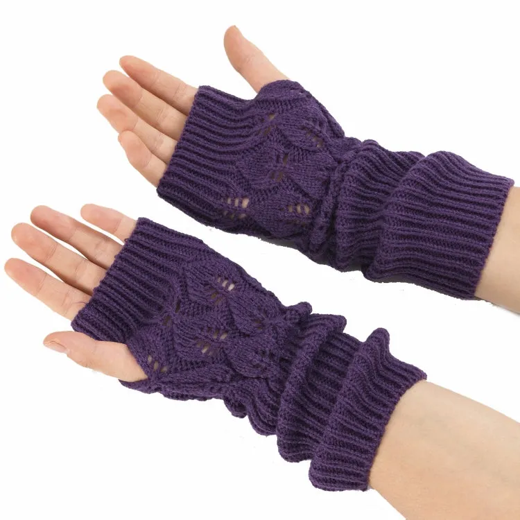 Winter Men and Women Knitted Jacquard Leaves Cycling Warm Fingerless Wool Gloves(Black)