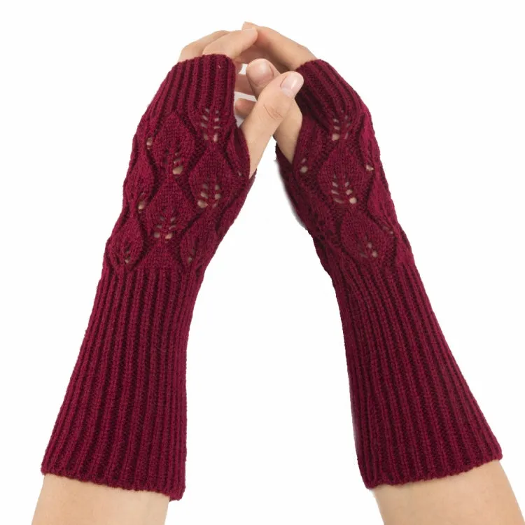 Winter Men and Women Knitted Jacquard Leaves Cycling Warm Fingerless Wool Gloves(Black)