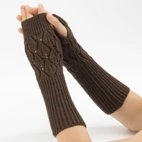 Winter Men and Women Knitted Jacquard Leaves Cycling Warm Fingerless Wool Gloves(Coffee)