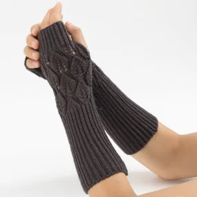 Winter Men and Women Knitted Jacquard Leaves Cycling Warm Fingerless Wool Gloves(Deep Gray)