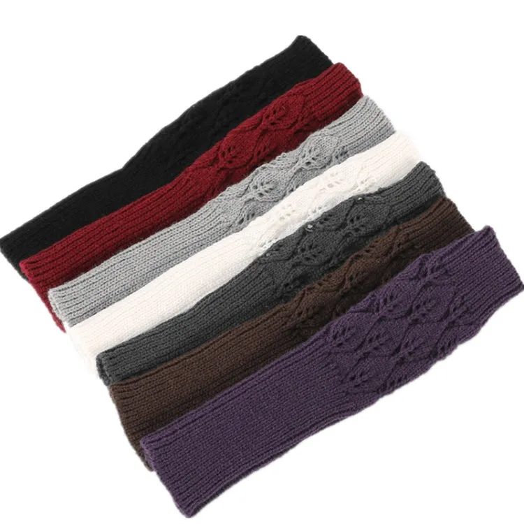 Winter Men and Women Knitted Jacquard Leaves Cycling Warm Fingerless Wool Gloves(Purple)