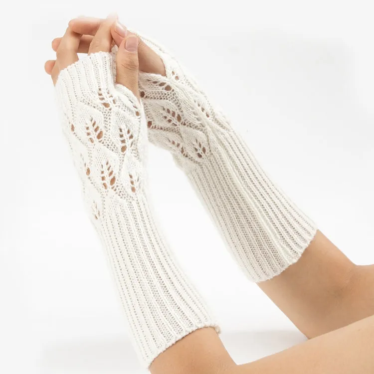 Winter Men and Women Knitted Jacquard Leaves Cycling Warm Fingerless Wool Gloves(White)