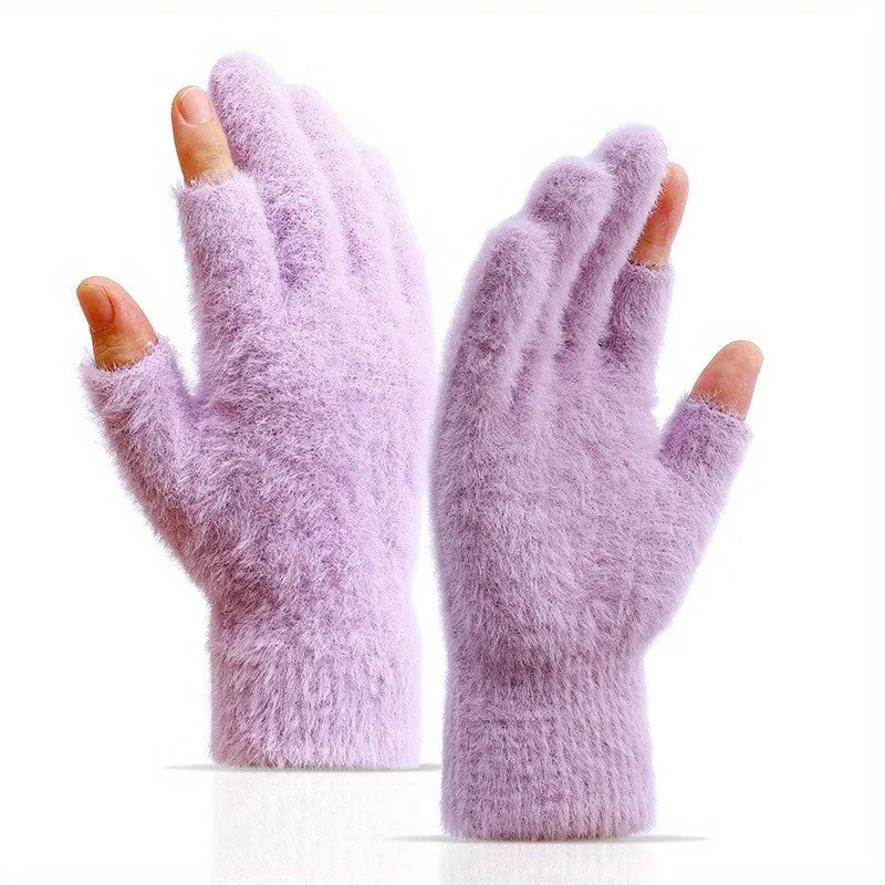 Winter Touch Screen Plush Gloves for Women with Open Fingers