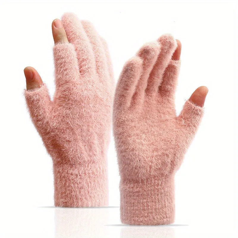 Winter Touch Screen Plush Gloves for Women with Open Fingers