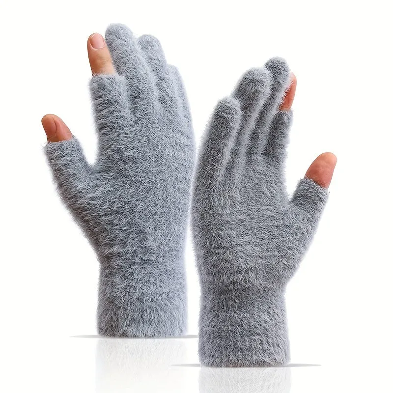 Winter Touch Screen Plush Gloves for Women with Open Fingers