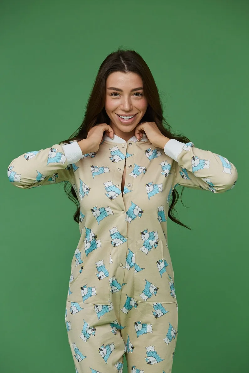 Woman sexy cute butt flap Pajamas jumpsuit SweetJama "Bears in scarves"