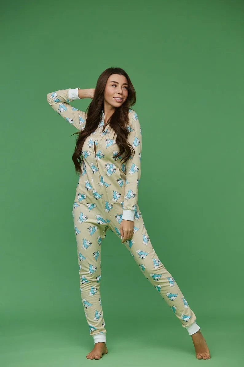 Woman sexy cute butt flap Pajamas jumpsuit SweetJama "Bears in scarves"