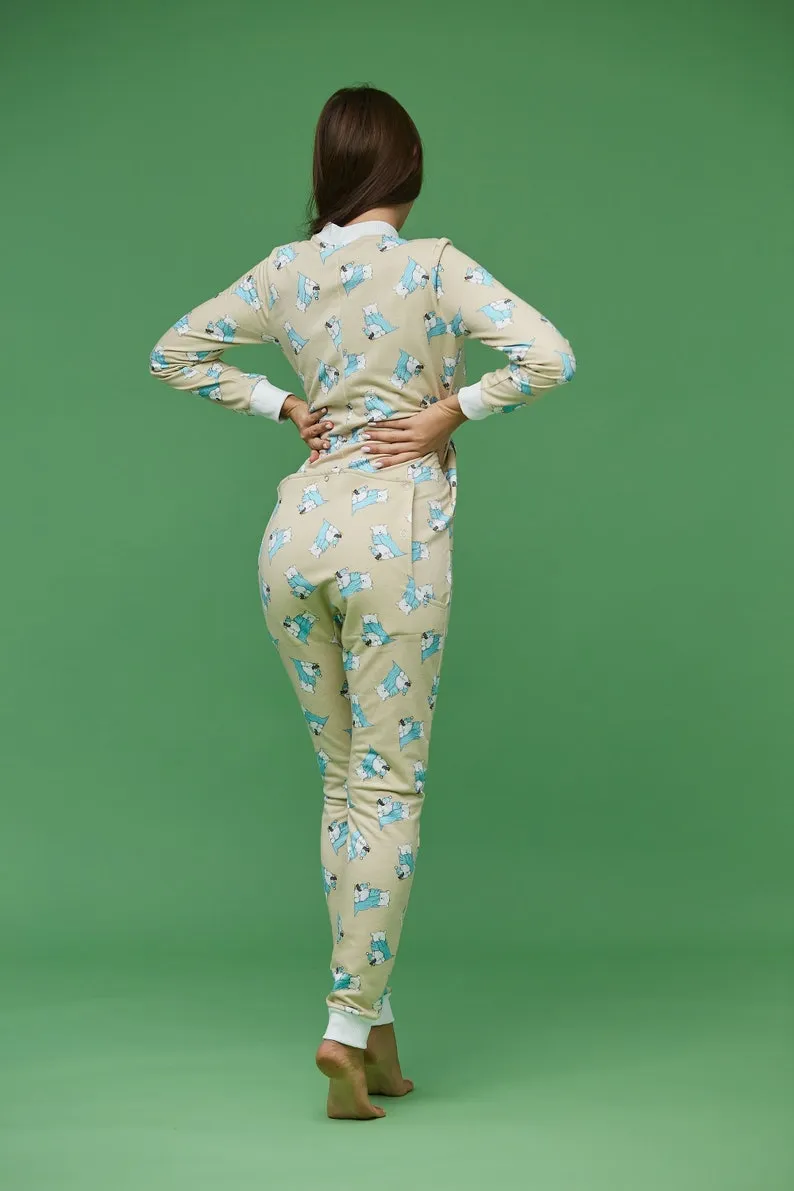 Woman sexy cute butt flap Pajamas jumpsuit SweetJama "Bears in scarves"