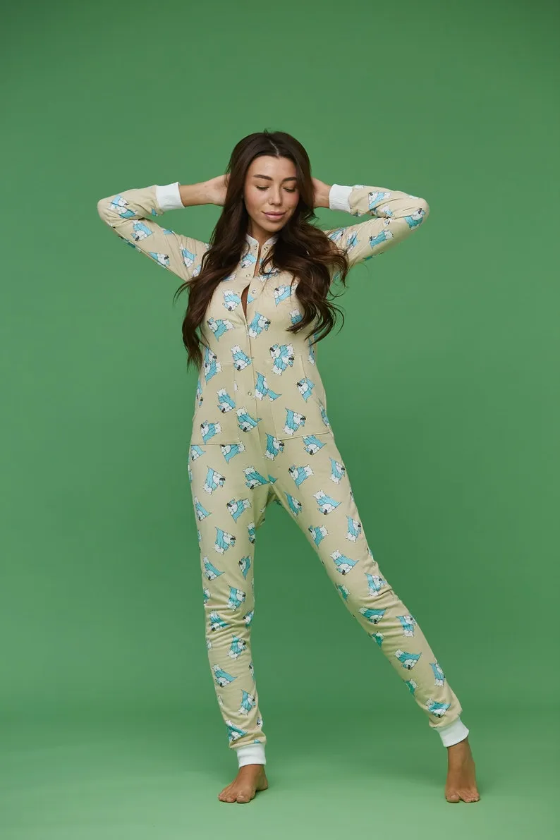 Woman sexy cute butt flap Pajamas jumpsuit SweetJama "Bears in scarves"