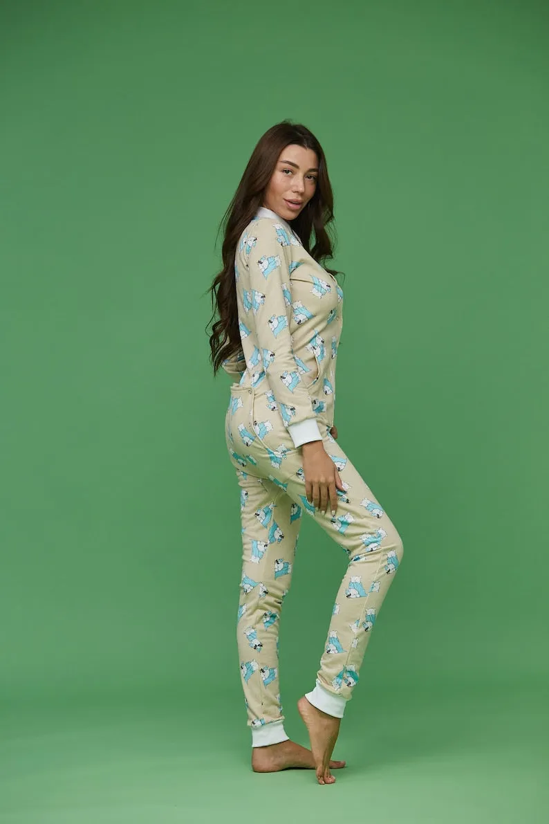 Woman sexy cute butt flap Pajamas jumpsuit SweetJama "Bears in scarves"