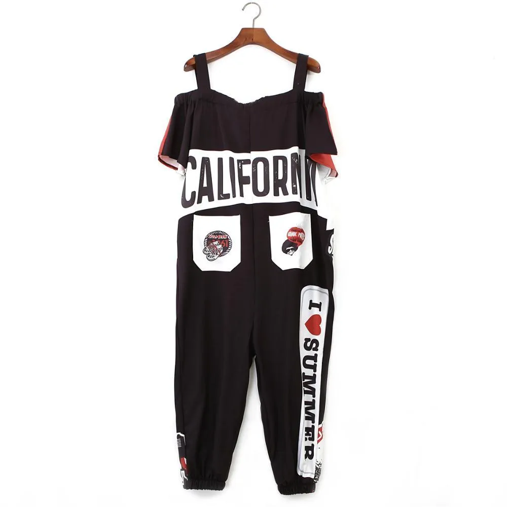 Women Jumpsuit Hip Hop Overalls Romper Print Loose Harem Pants Romper