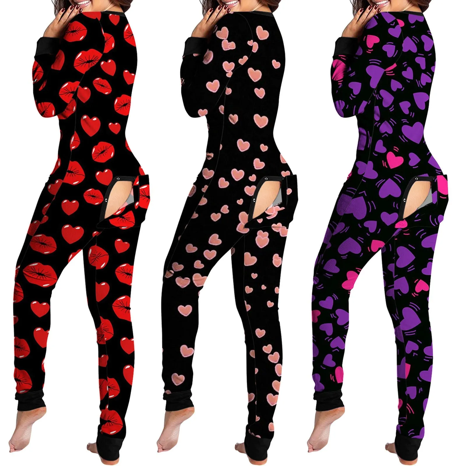 Women Sexy Pajamas Onesies Button-down Front Functional Buttoned Flap Adults Pyjama V-neck Long Sleeve Jumpsuit Female Sleepwear