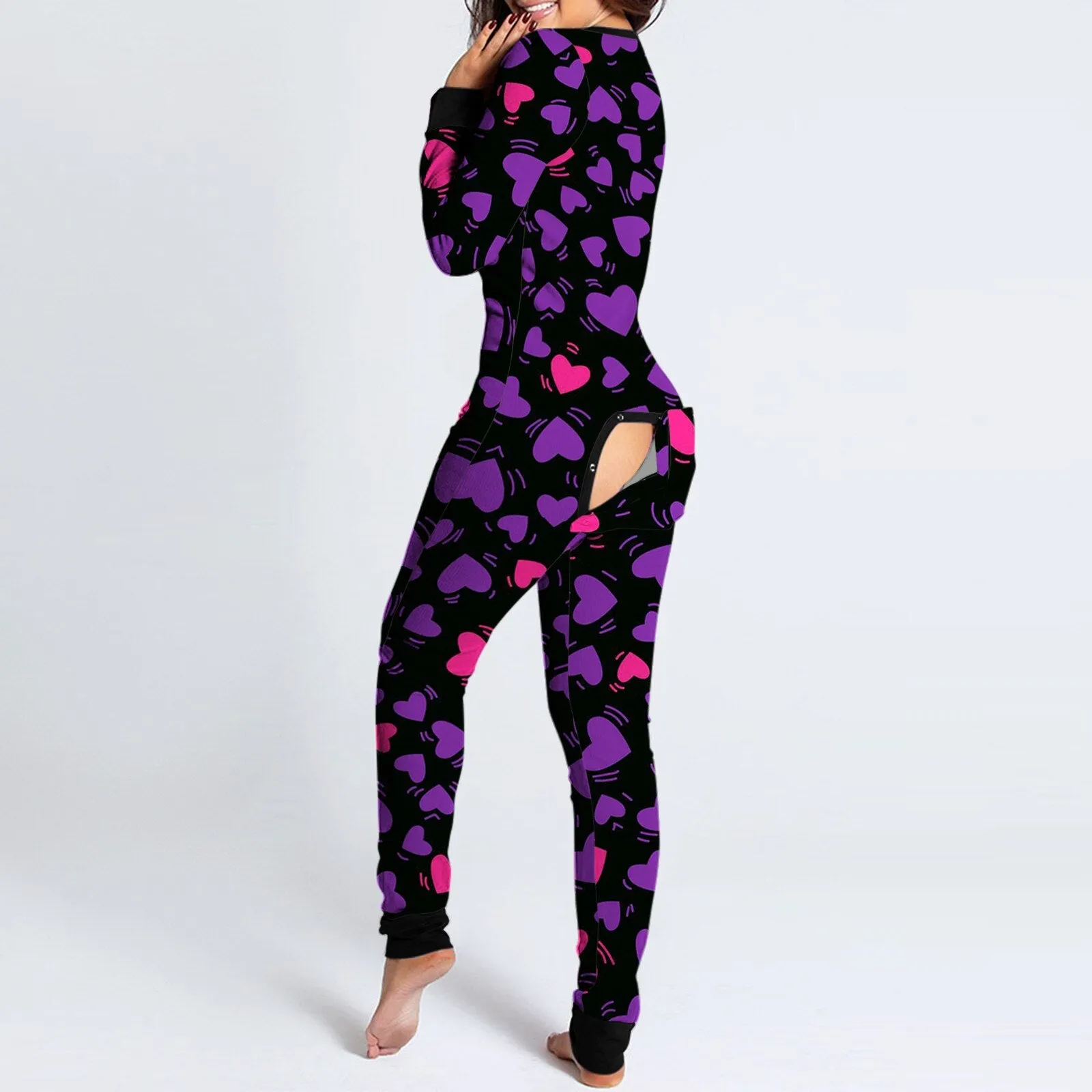 Women Sexy Pajamas Onesies Button-down Front Functional Buttoned Flap Adults Pyjama V-neck Long Sleeve Jumpsuit Female Sleepwear