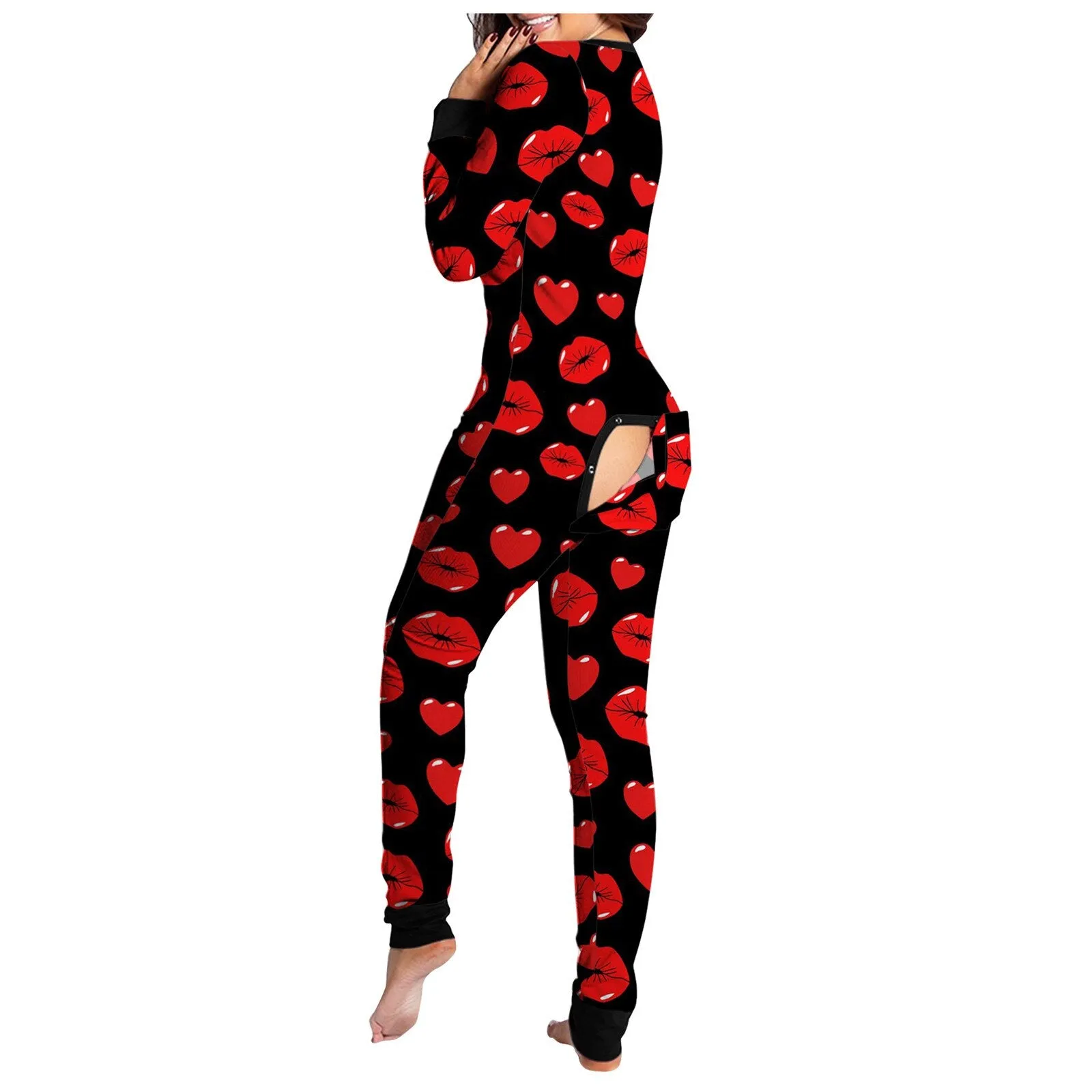 Women Sexy Pajamas Onesies Button-down Front Functional Buttoned Flap Adults Pyjama V-neck Long Sleeve Jumpsuit Female Sleepwear