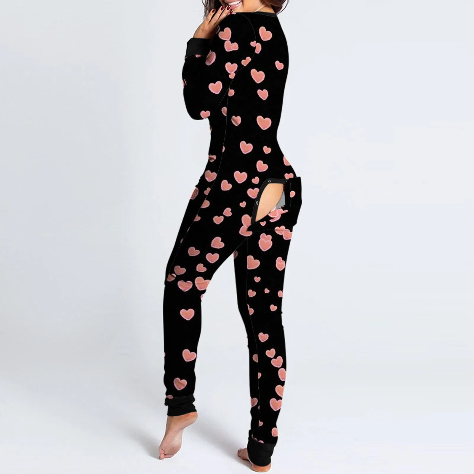 Women Sexy Pajamas Onesies Button-down Front Functional Buttoned Flap Adults Pyjama V-neck Long Sleeve Jumpsuit Female Sleepwear