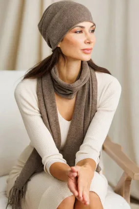 Women's 2pc 100% Cashmere Slouchy Beanie & Knit Scarf Set with Gift Box