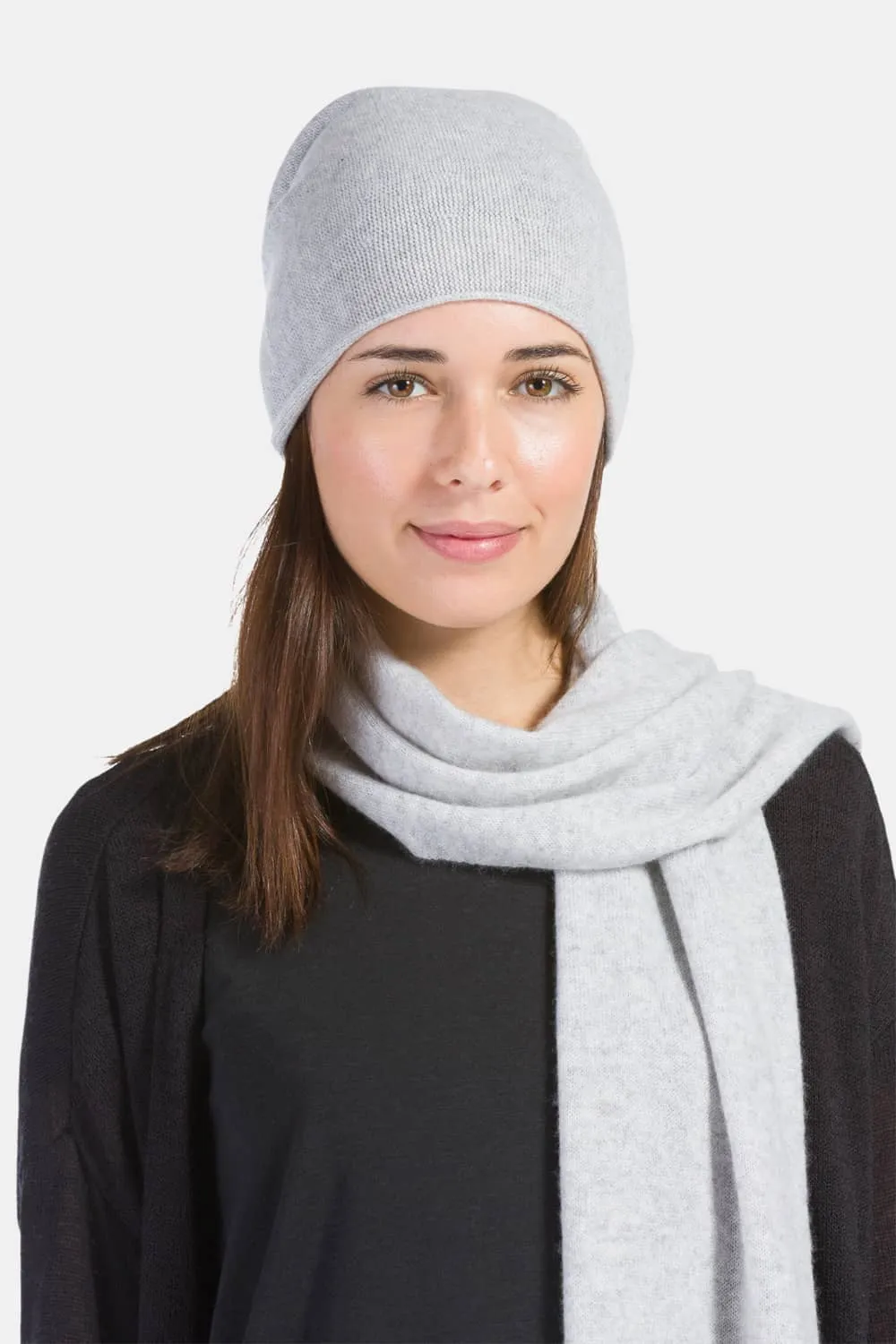 Women's 2pc 100% Cashmere Slouchy Beanie & Knit Scarf Set with Gift Box