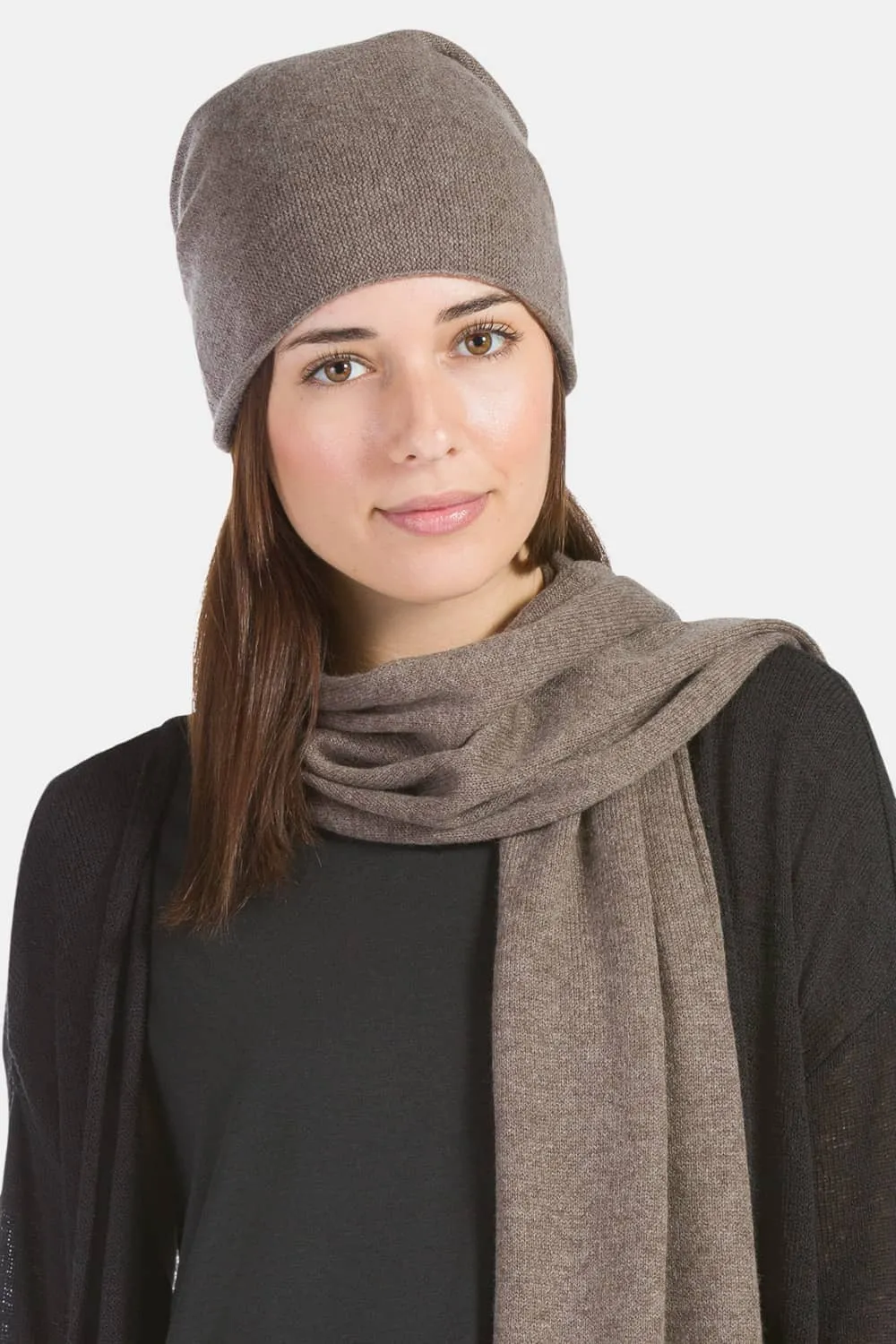 Women's 2pc 100% Cashmere Slouchy Beanie & Knit Scarf Set with Gift Box