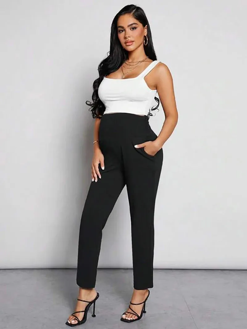 Women's black Maternity Pants Activewear Jogger Track Cuff Sweatpants Over The Belly Stretchy Pregnancy Pants for work lounge