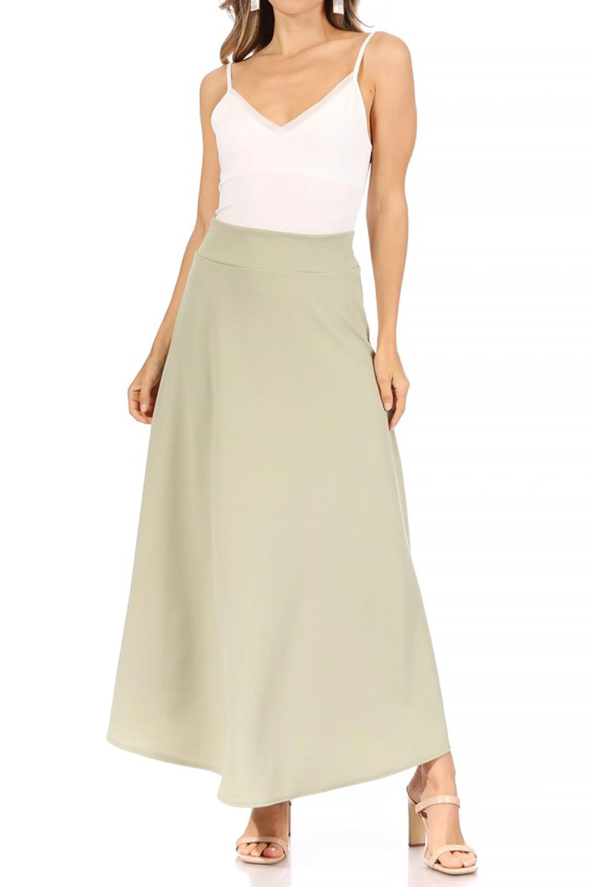 Women's Casual Solid High Waisted Flare A-line Midi Skirt with Elastic Waistband