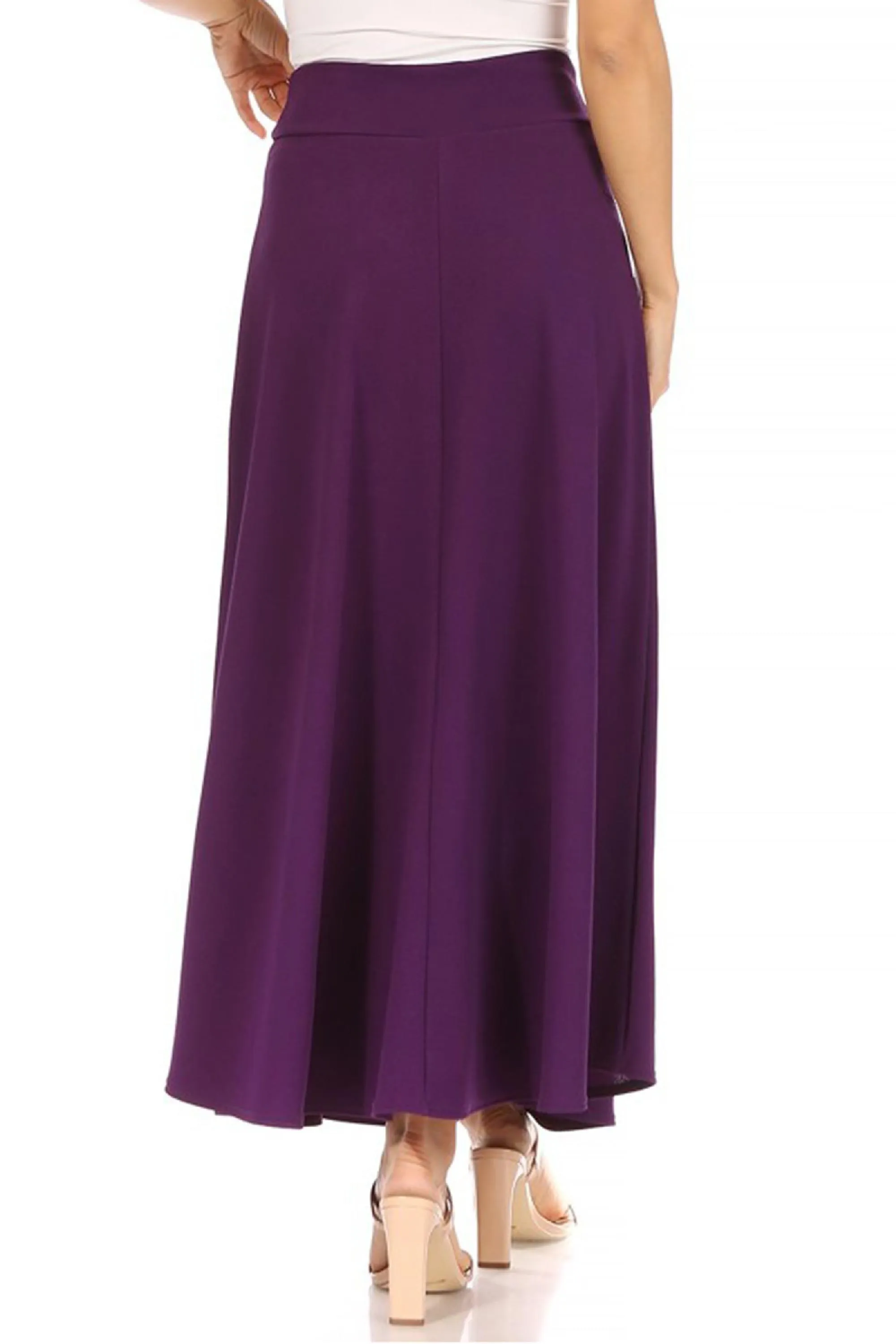 Women's Casual Solid High Waisted Flare A-line Midi Skirt with Elastic Waistband