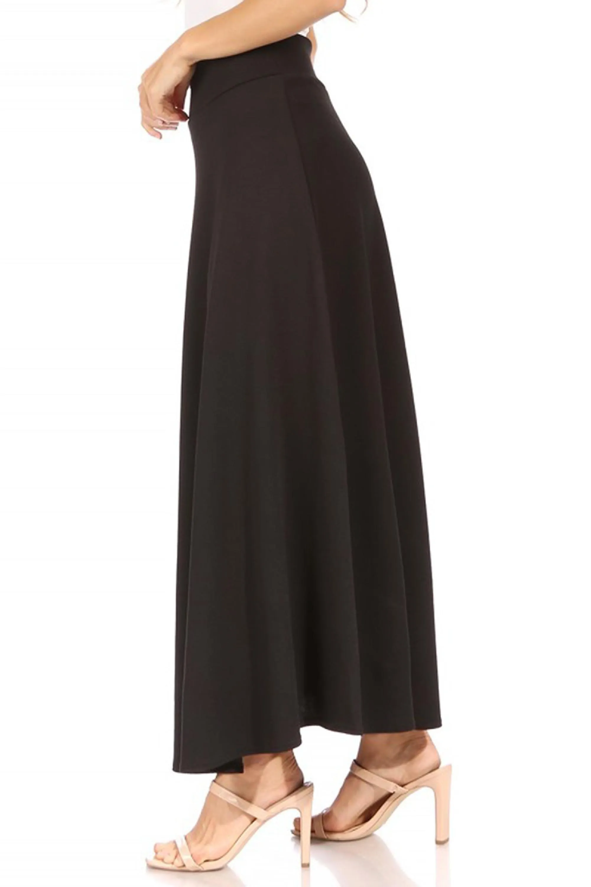 Women's Casual Solid High Waisted Flare A-line Midi Skirt with Elastic Waistband