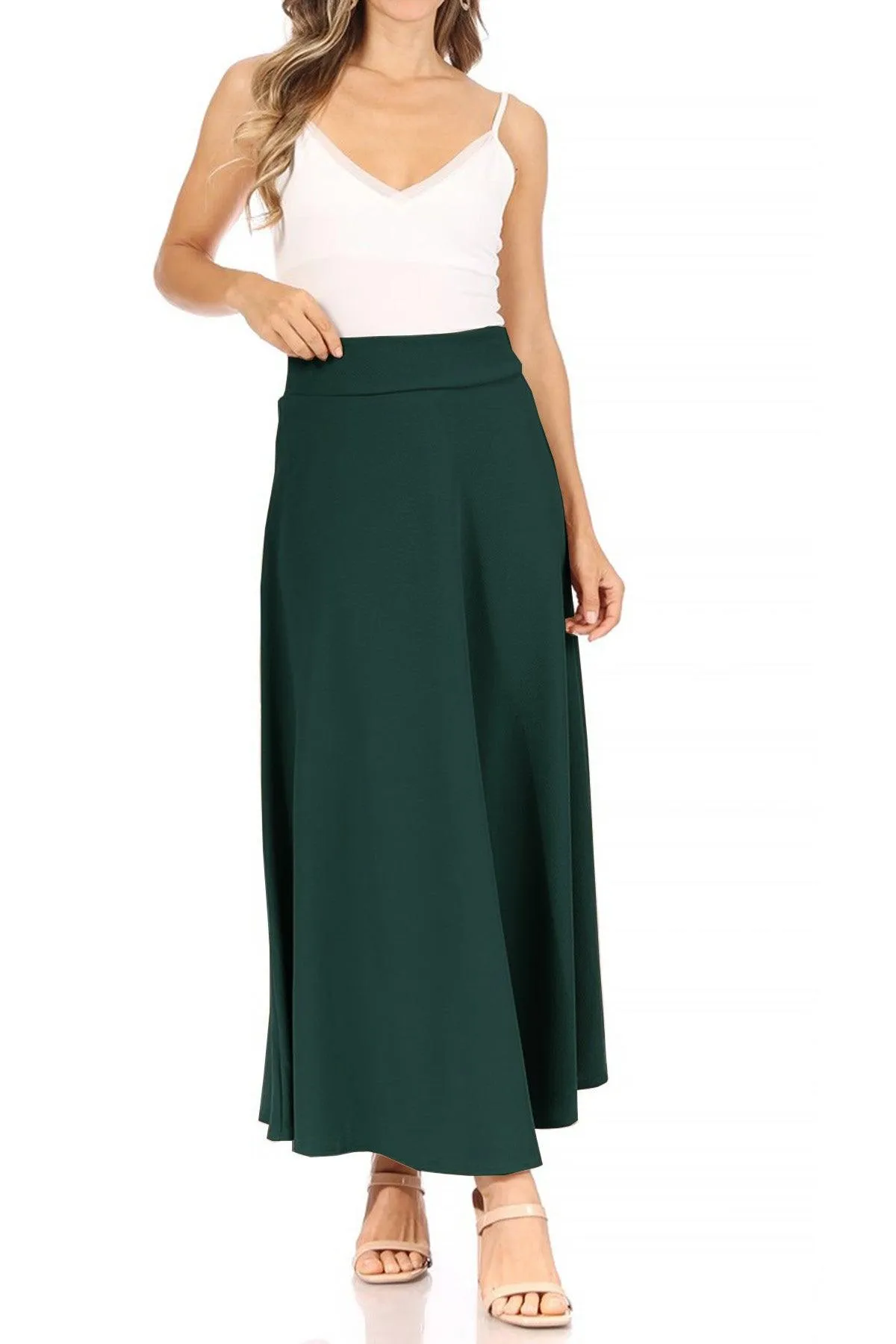 Women's Casual Solid High Waisted Flare A-line Midi Skirt with Elastic Waistband