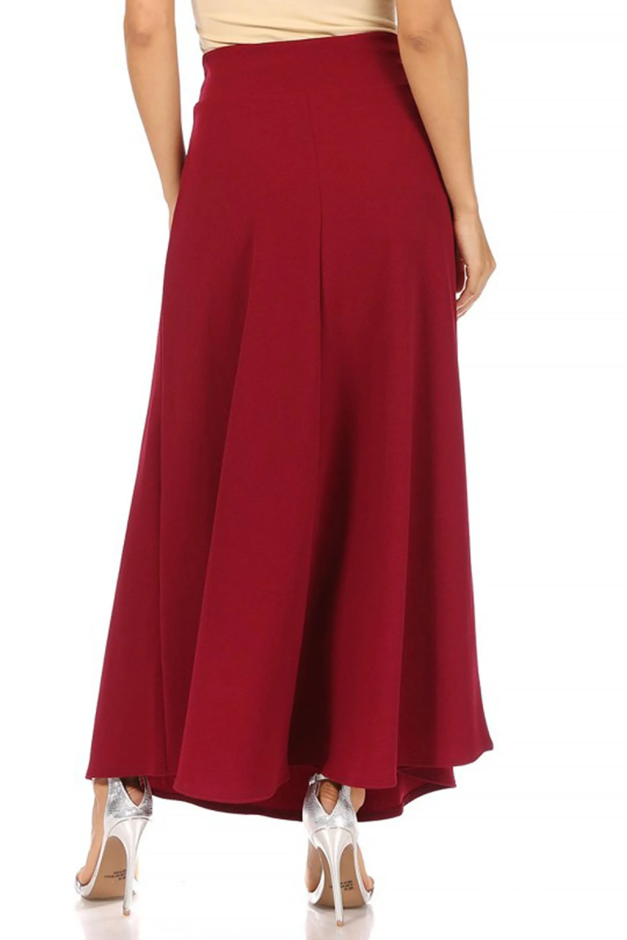 Women's Casual Solid High Waisted Flare A-line Midi Skirt with Elastic Waistband