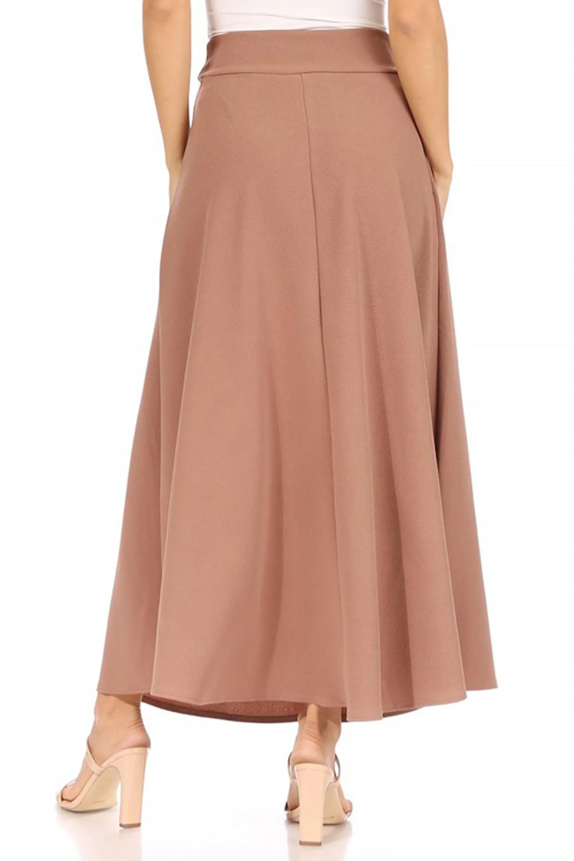 Women's Casual Solid High Waisted Flare A-line Midi Skirt with Elastic Waistband