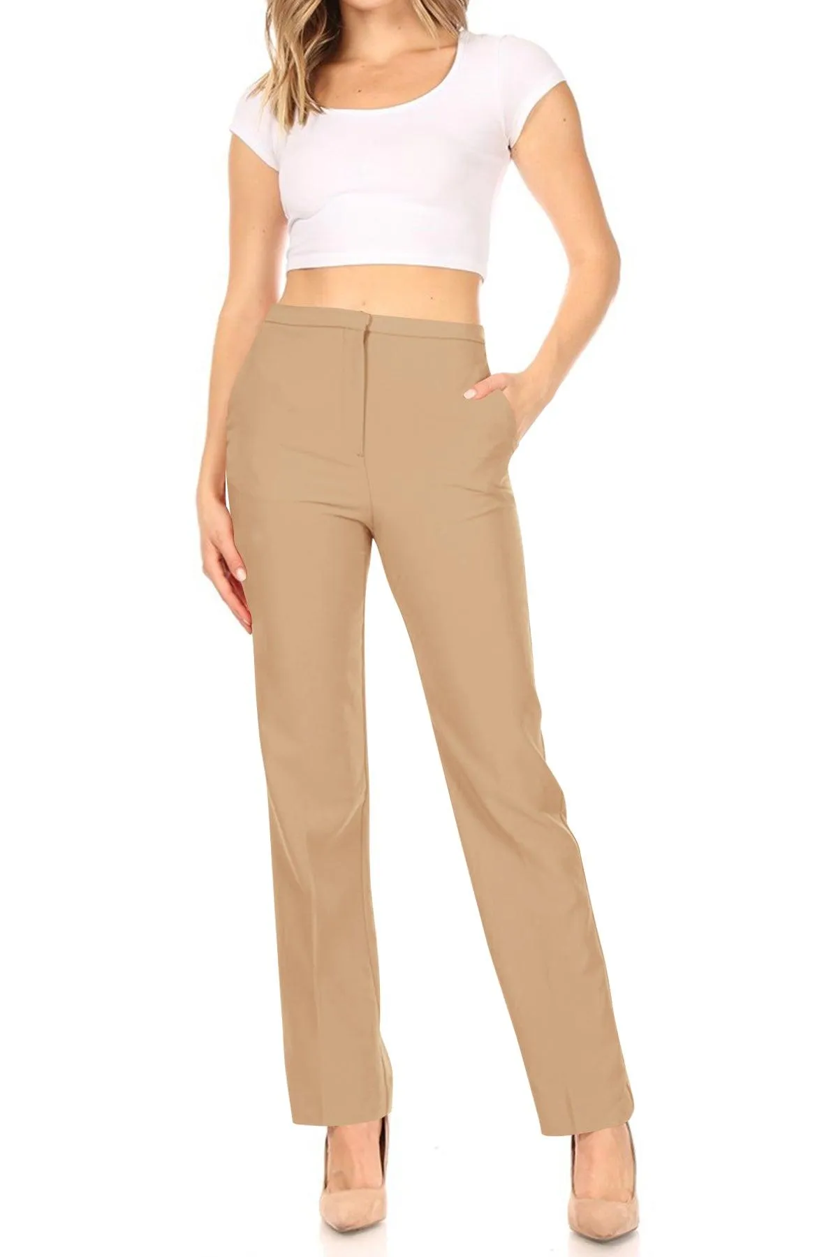 Women's Casual Straight Woven Dress Pants for Office Work