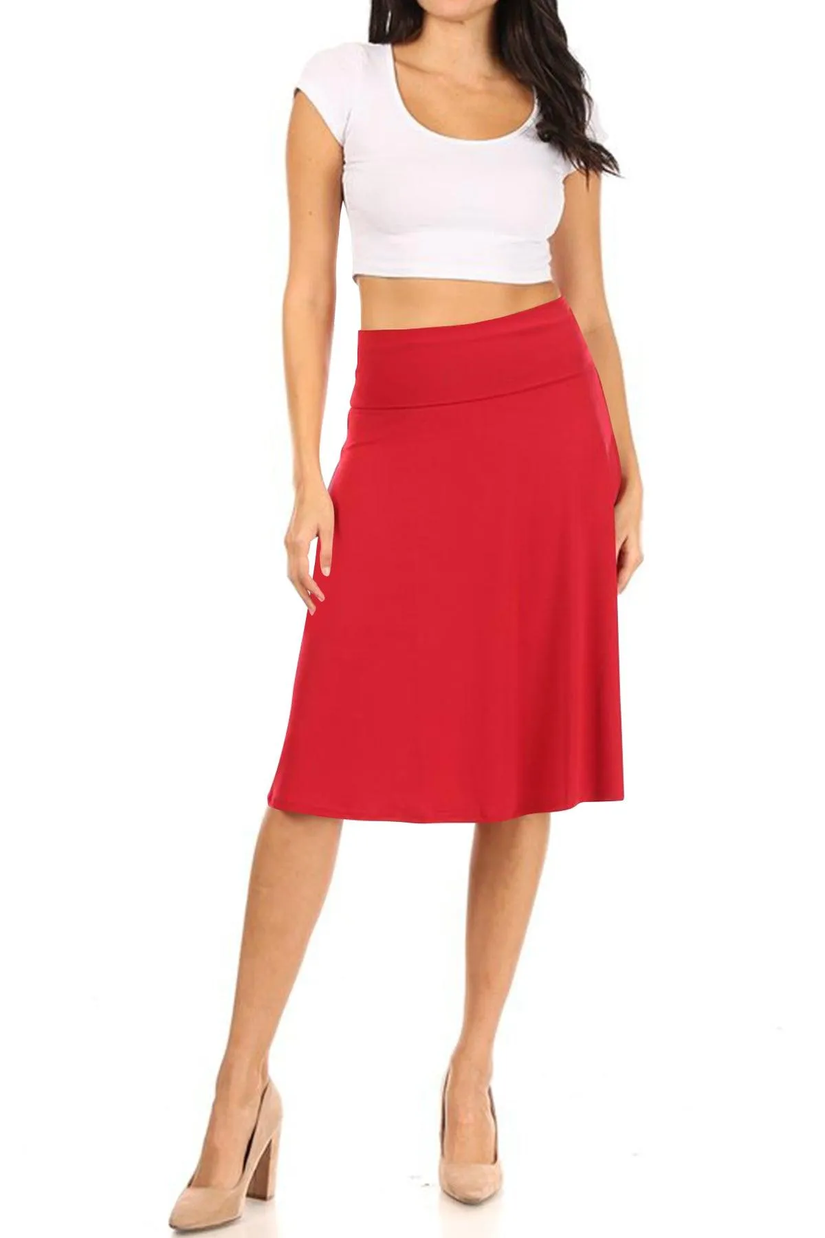 Women's Casual Stretch Basic Foldable High Waist Relaxed Fit A-Line Solid Midi Skirts