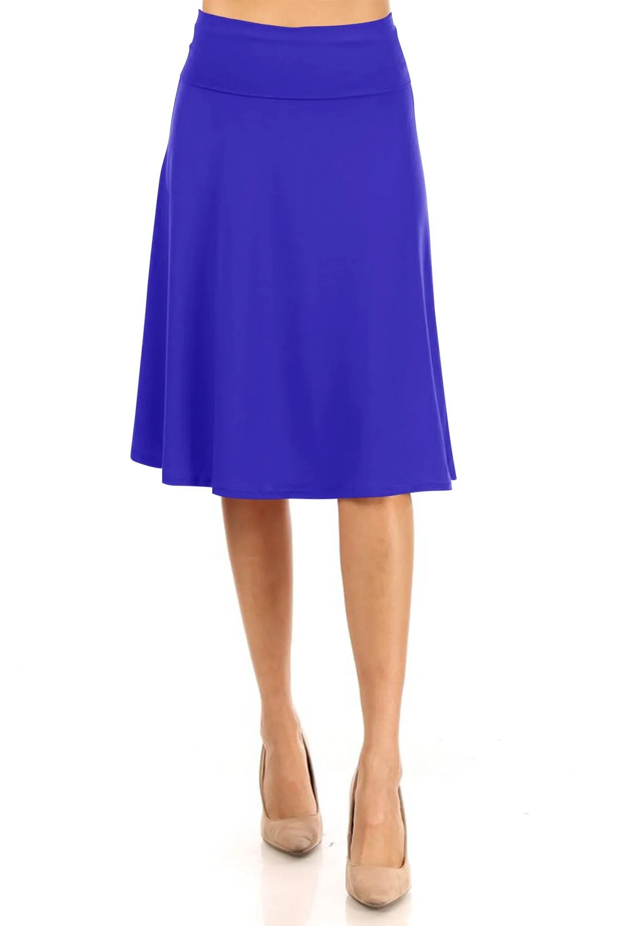 Women's Casual Stretch Basic Foldable High Waist Relaxed Fit A-Line Solid Midi Skirts