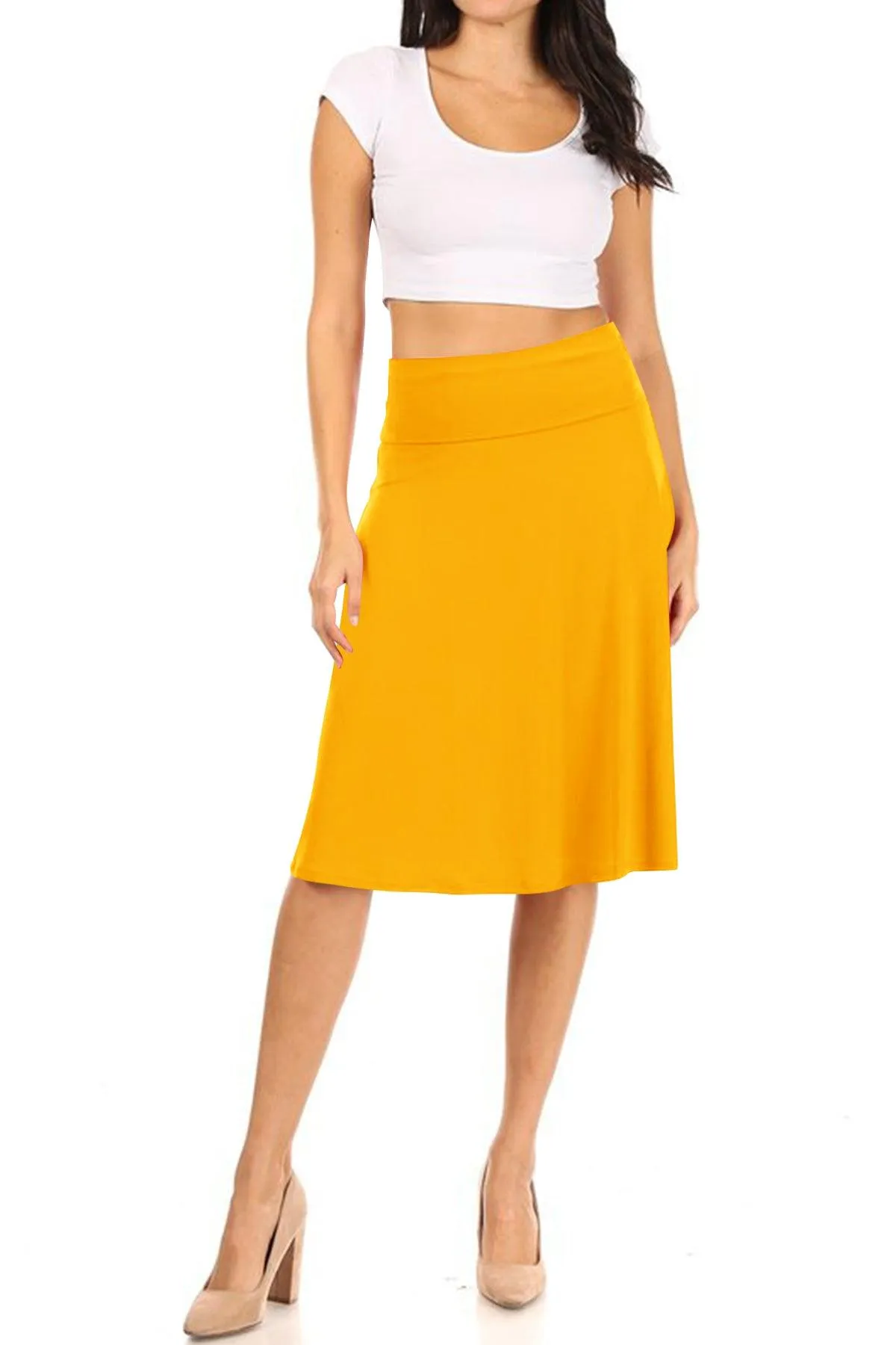 Women's Casual Stretch Basic Foldable High Waist Relaxed Fit A-Line Solid Midi Skirts