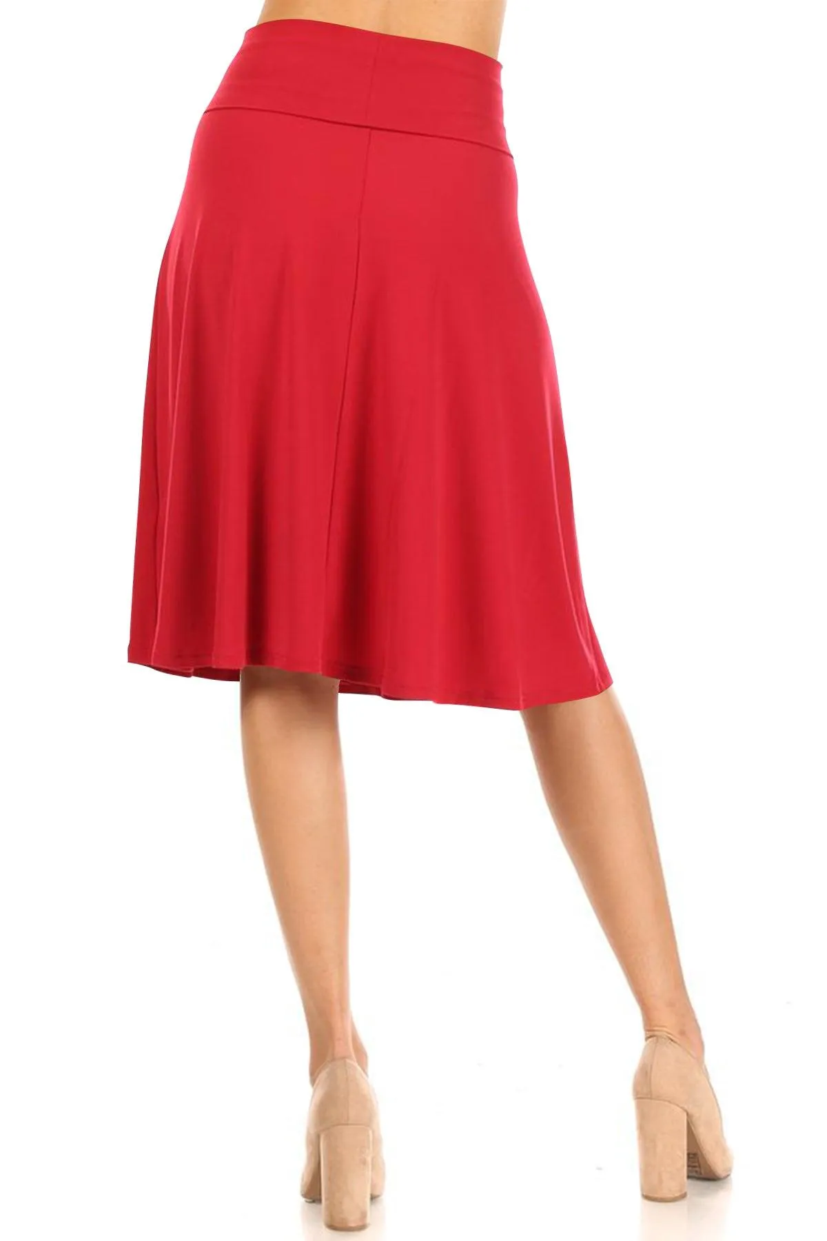 Women's Casual Stretch Basic Foldable High Waist Relaxed Fit A-Line Solid Midi Skirts